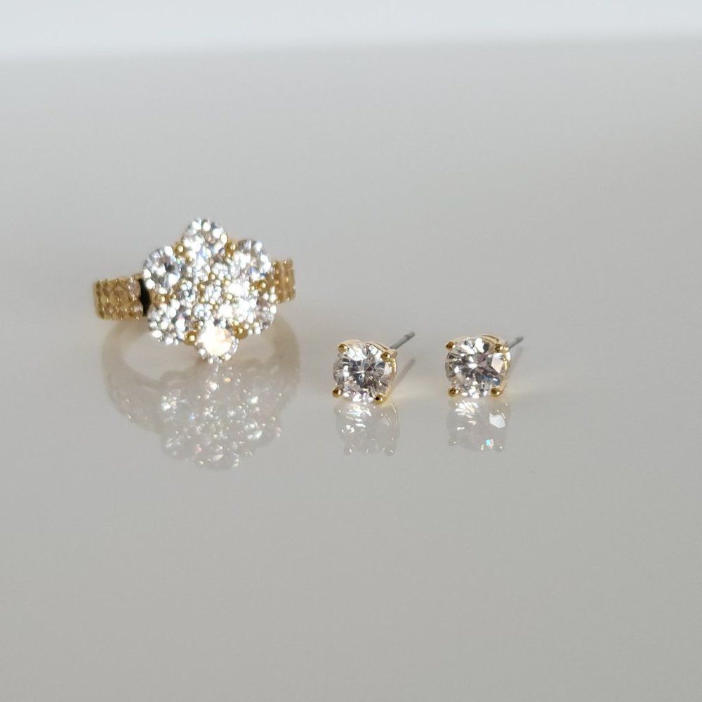 Simulated Diamonds Ring SIZE 8 and Stud Earrings Goldtone